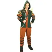 Robin Hood Costume 5Pc Br/Gr Hooded Tunic Pants Boot Tops & Quiver Std & XL
