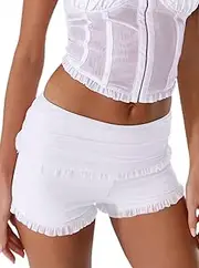 [AGECODE] Women's Ruched Mesh Ruffle Trim Layered Low Waisted Summer Shorts, White, Small