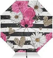 [RPLIFE] Compact Umbrella, Umbrella Strong Windproof, Automatic Open/close, Compact Size for Women Backpacks/Handbags, Black White Stripes Rose Daisy