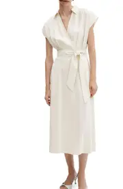 MANGO Tie Belt Faux Wrap Midi Dress in Off White at Nordstrom, Size 2