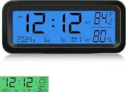 Dashboard Clock with Automatic Backlight at Night(Green & Blue), Temperature and Humidity Monitor, 12/24 Hour Format Time, Calendar, Solar Power and Type C Cable Charging for Car Truck