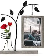 2-in-1 4x6 inch Rustic Picture Frame and Plant Terrarium with Wooden Stand for Desk Office Home Decor (Grey)