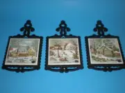 3 vtg Tile Trivet Cast Iron Frame Made In Japan Enesco Winter Scenes with Box