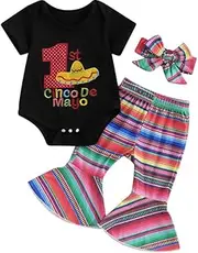 Newborn Baby Girl Cinco De Mayo Outfit Short Sleeve Embroidery Romper Flare Pant Headband 3Pcs Mexican Fiesta Clothes