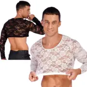 Men's Lace Fishnet Crop Top T Shirts See Through Long Sleeve Crop Tops Clubwear