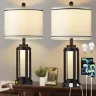 25" Modern Table Lamps Set of 2, Industrial Beside Lamps with USB A+C Chargin...