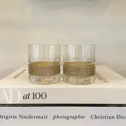 Old Fashioned Whiskey Glass w/ Gold Rhinestone Band Stemless Wine Set of 2 NEW