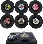 Retro Music Coasters Set of 6 Vinyl Record Style Drinking Coasters with Record Player Stand Eco-Friendly ABS Non-Slip Insulated Coasters for Mugs Glasses Creative Home Bar Office