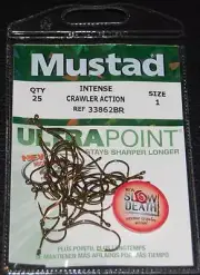 25 Mustad 33862BR Bronze Slow Death Hooks Size 1 Ultra Point Intense Crawler