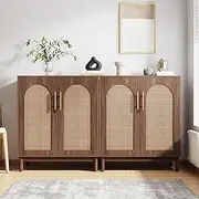 Tribesigns Set of 2 Rattan Sideboard Buffet Cabinet with Storage, 59 Inch Accent Cabinet for Dining Room, Living Room, Kitchen, Rattan and Dark Brown