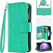 [Asuwish] Phone Case for Samsung Galaxy S23 FE 5G Wallet Cell Cover with Screen Protector Crossbody Strap Flip Zipper Card Holder Tempered Glass Credit Slot Stand S 23 EF S23FE 23S Women Girls Men Green