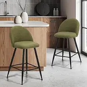 [OIKITURE] 2PC Bar Stools, Bar Stool Set of 2 with Sherpa Boucle Fabric Upholstered, Bar Stools Kitchen Counter in 58cm Seat Height Floor for Home Bar Outdoor Indoor, Green & Black