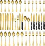 TFMOJHST 36 Pieces Gold Silverware Sets Service, Premium Stainless Steel Flatware Set,Matte Cutlery Set for Family Gatherings, Hotel, Office etc Use, Dishwasher Safe