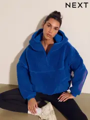 Cobalt Blue Hooded Elbow Patch Borg Fleece Jacket (E83697) | $43