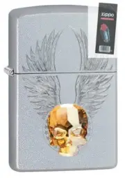 Zippo 49034 Gold Skull Design Emblem Satin Chrome Finish Lighter + FLINT PACK