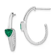14k White Gold Trillion Created Emerald/Real Diamond J-hoop Earrings