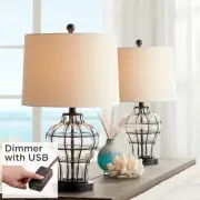 Hudson Rustic Accent Table Lamps 23" Set of 2 Bronze Glass USB Dimmer Burlap