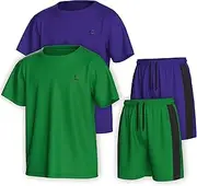 [Essenclo] Boys Clothing Sets Tagless Loose Athletic Performance Crew Neck T-Shirt and Short Outfits Size 3-16 (4 Piece Set), Set-15, 9-10