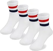 [COTTON DAY] Unisex School Kids Boys Girls Soft Cotton White Athletic Socks with Stripes, Red Blue Stripes 4 Pack, X-Large
