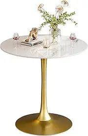 Bar Table Round Sintered Stone: Diameter 70cm White Marble Circle Bars Tables Counter Height 100cm Cocktail Table Bar with Golden Base for Home Kitchen Breakfast Dining,Pub,Coffee Shop,Office