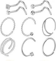 [VILITI] 10Pcs Nose Ring Nose Stud Set,Hypoallergenic Stainless Steel Ball L-Shaped Nose Stud Screws with Cubic Zirconia Nose Piercing Jewellery Nose Studs Screws Sliver Double Nose Hoop,for Women Girls Gift,