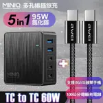 MINIQ AC-DK200T氮化鎵五孔2A3C 95W 充電器黑+編織線 C TO C 支援I16/I15蘋果手機 黑