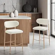 Oikiture Bar Stools Set of 2 Kithen Dining Chairs in 68cm Height Seat with Boucle Fabric Padded Backrest, White & Wood