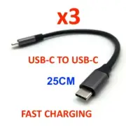 3 x 25CM Short Charging & Data Sync USB C to USB-C Cable Black HQ
