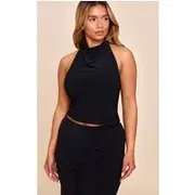 Shape Black Halter Neck Tie Back Gold Trim Cowl Top, Black