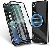 [Guizzcg] for Sony Xperia 1 V Case Compatible with Magsafe, Magnetic Adsorption Metal Bumper 360° Shock-Absorbing Double-Sided Tempered Glass Phone Case with Safety Lock (Black)