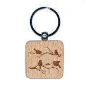 Birds Sitting on Tree Branches Engraved Wood Square Keychain Tag Charm