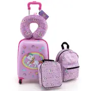 Costway 5PCS Carry-on Luggage Set Rolling Suitcase Set w/Neck Pillow Lunch Bag Tag Aluminium Handle Unicorn