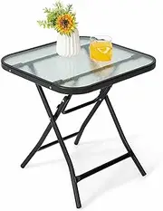 Costway Foldable Outdoor Bistro Table, 46.5 cm Tempered Glass Coffee Table, Portable Patio Dining Table Side Table, No Installation Required, Load 50 kg, End Table for Indoor & Outdoor