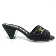Chanel REV Black Lambskin Quilted CC Gold Logo Cone Heel Mule Slide Sandal 39
