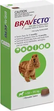 Bravecto Single Chew Dog 10-20kg Green Treats Fleas Paralysis Bush Ticks Mites