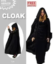 Black Cloak with Hood Unisex Vampire Cape Wizard Roob Adult Kid Free Postage