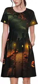 [EdWal] Scary Halloween Print Womens Sundress Summer Floral Short Sleeve Wrap Round Neck A-Line Midi Dress Summer