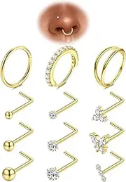 [Adramata] 12Pcs 20G Nose Rings Surgical Steel Nose Stud Set Diamond CZ Hypoallergenic Nostril Piercing Jewelry for Women Men L-Shape/Screw Studs (Gold/Silver)