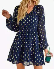 KIRUNDO Women's Long Sleeve V Neck Ruffle Polka Dot Mini Dress Casual, Medium