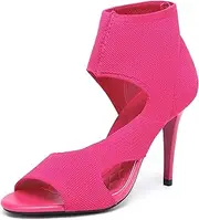 [NEWBELLA] Mousse Fit Women Retro Peep Toe Elegant Stiletto Low Heeled Sandals Breathable Mesh Knit Elastic Design Upper Comfortable Shoes, Hot Pink, 9