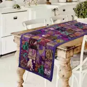Indian Cotton Patchwork Table Runner Embroidered Dining Purple Table Tapestry