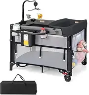 BABY JOY Foldable Baby Portacot, 5-in-1 Infant Bedside Sleeper w/4-Level Adjustable Height, Changing Table, Storage Rack & Mesh Bag, Bassinet w/Hanging Toys, Carry Bag & Lockable Wheels (Dark Grey)