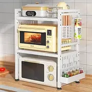 Microwave Oven Rack, 2-Tier Expandable Microwave Toaster Shelf with Utensil Holder, Adjustable Countertop Microwave Stand, Multi-Functional Carbon Steel Over Microwave Shelf with 6 Hooks (White)