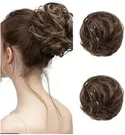 Human Hair Messy Hair Bun Curly Chignon Extensions With Rubber Band 100% Human Hair Messy Bun Hair Piece for Women(Medium Brown+Dark Blonde)