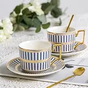 CwlwGO Bone China Tea Cup Set of 2 (7 oz) with Gold Spoon and Gifts Box, White Tea Cups, Cappuccino Cups, British Coffee Cups, Porcelain Tea Set