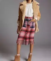 Anthropologie Maeve Fringed Plaid Mini Skirt Fringe Button Midi Size 10 Nwt Pink