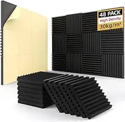 48 Pack Self-adhesive Sound Proof Foam Panels for Walls-12" x 12" x 1" Acoustic Panels 30kg/m3 High Density Soundproof Wall Panels, Sound Proof Panels for Walls Absorbs and Reduces Sound