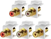 TENINYU 5-Pack RCA Keystone Jack Insert Connector Socket Female Snap in Adapter Port Gold Plated Inline Coupler for Wall Plate Outlet Panel Mount (White)