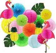 Flamingo Honeycomb Decoration, Hanging Fan, Pineapple Lantern, Paper Flower, Palm Leaf for Hawaiian Beach Themed Luau Party Supplies