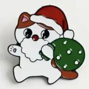 White Cat Dressed Up As Santa Clause With A Dark Green Sack, Christmas Alloy Pin